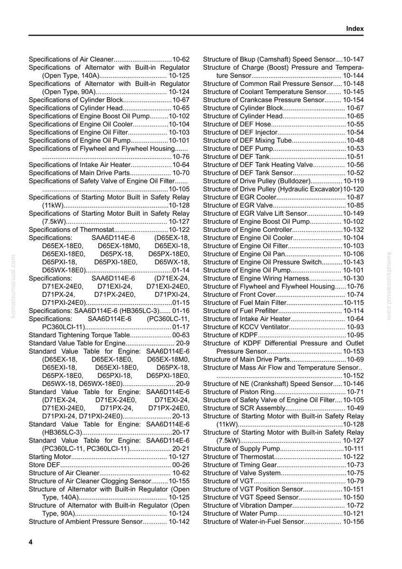 May include: An index page from a Komatsu manual, detailing engine components and page references. It lists specifications for parts like alternators, filters, and sensors, offering a guide to engine maintenance and repair.