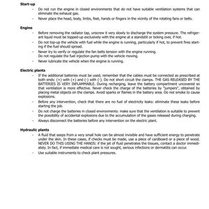 K&ouml;nnte beinhalten: Seite aus einem Handbuch mit Sicherheitshinweisen f&uuml;r einen Traktor. Der Text enth&auml;lt Warnungen zum Motorstart, zur Wartung des Motors, zur Sicherheit von Elektro- und Hydraulikanlagen. Abschnitt 1001 oben. Ausgabe 02-2012 unten.