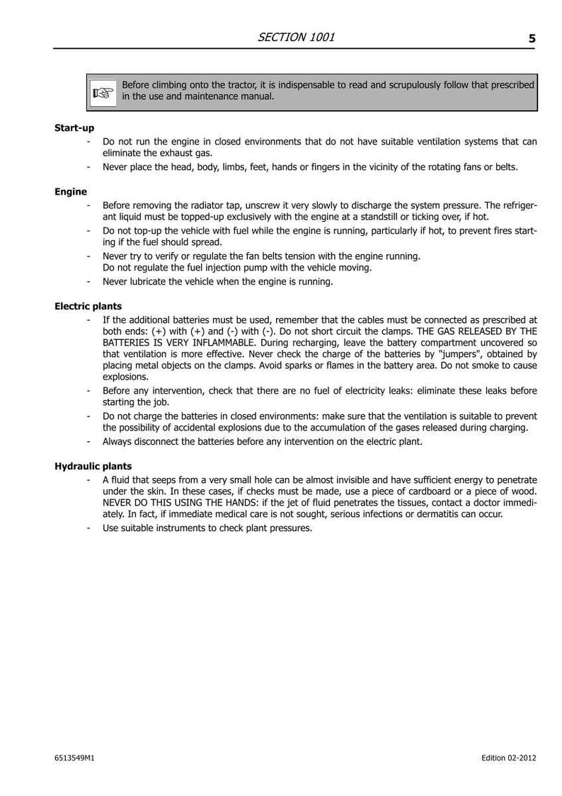 K&ouml;nnte beinhalten: Seite aus einem Handbuch mit Sicherheitshinweisen f&uuml;r einen Traktor. Der Text enth&auml;lt Warnungen zum Motorstart, zur Wartung des Motors, zur Sicherheit von Elektro- und Hydraulikanlagen. Abschnitt 1001 oben. Ausgabe 02-2012 unten.