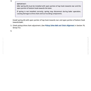 May include: A white page with instructions for installing a chain and spring on a baler. The text includes steps for chain and spring installation, with diagrams and safety warnings. The number 780 is at the bottom.
