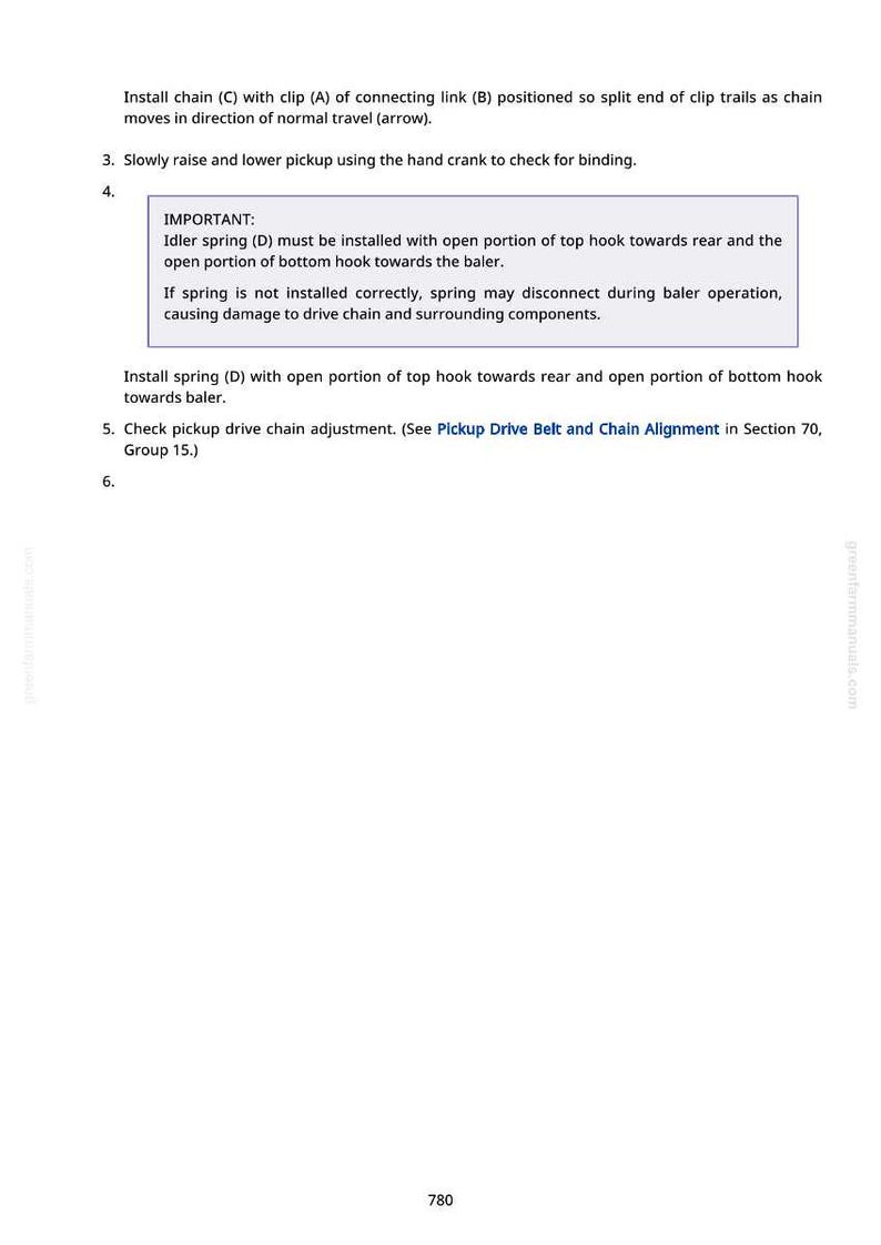 May include: A white page with instructions for installing a chain and spring on a baler. The text includes steps for chain and spring installation, with diagrams and safety warnings. The number 780 is at the bottom.
