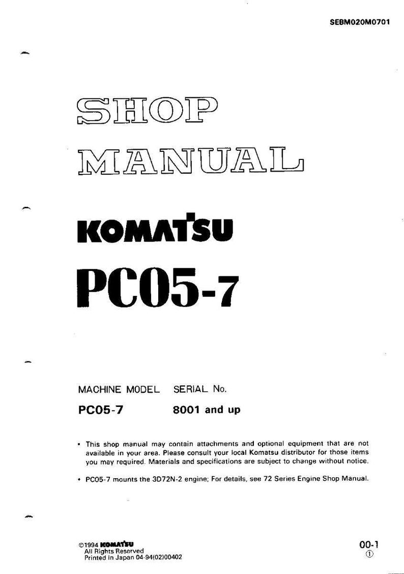 May include: A white shop manual cover with the text "SHOP MANUAL" in a bold font. Below is the brand name "KOMATSU" and the model "PC05-7". The cover also includes the machine model and serial number.