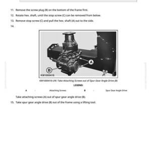 May include: Diagram showing mechanical parts labelled A and B, with the text "KM1000416". Instructions detail removing screws and a spur gear angle drive. The image is from a manual.
