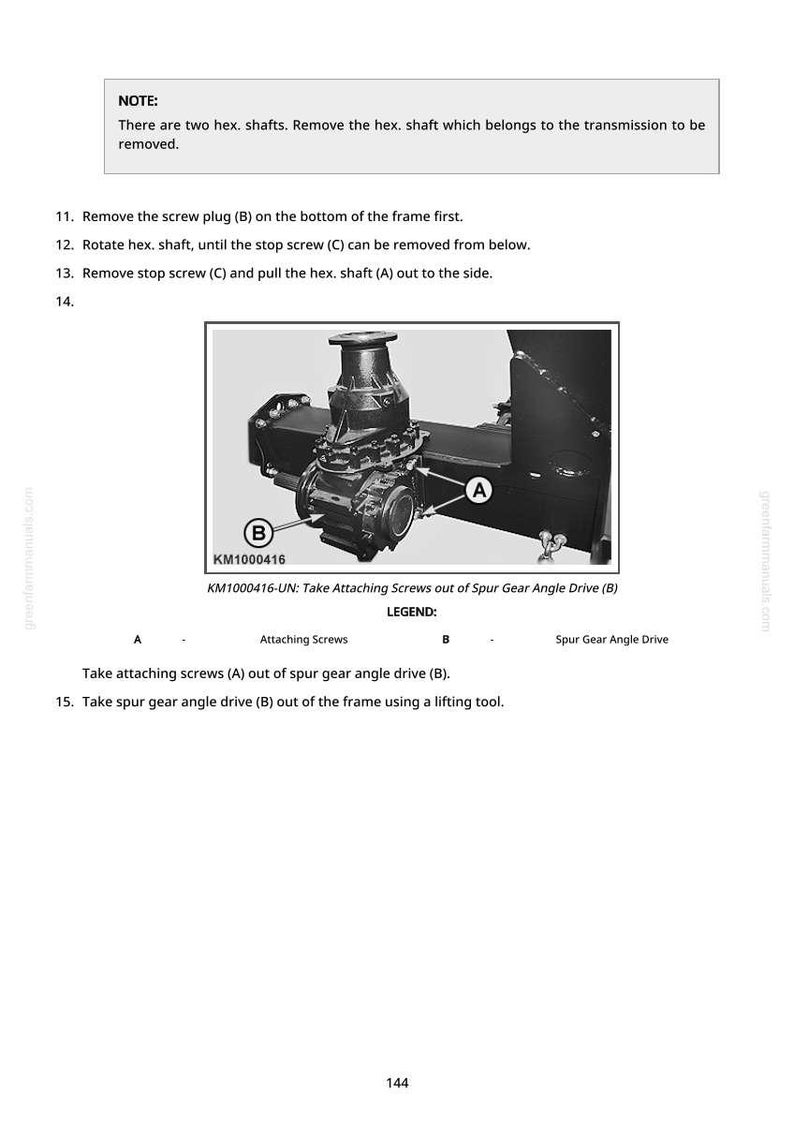 May include: Diagram showing mechanical parts labelled A and B, with the text "KM1000416". Instructions detail removing screws and a spur gear angle drive. The image is from a manual.