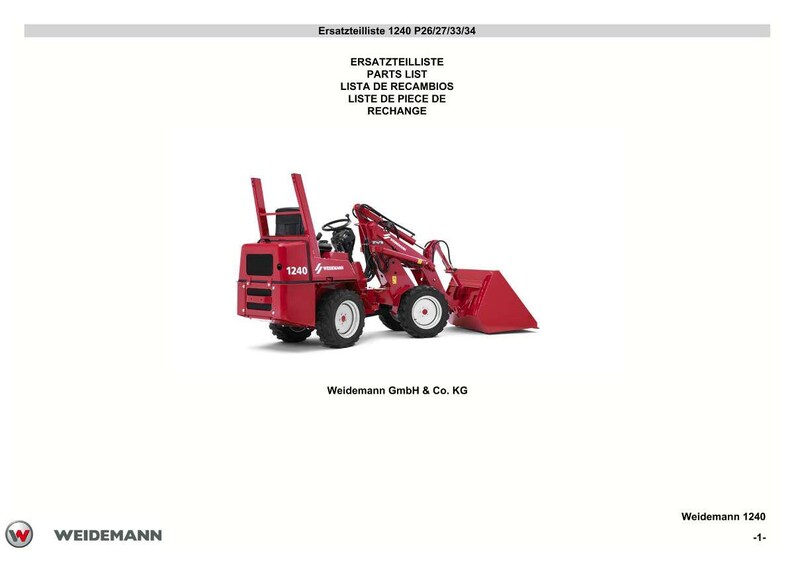 Puede incluir: Un minicargador Weidemann 1240 rojo, un peque&ntilde;o veh&iacute;culo de construcci&oacute;n, se muestra sobre un fondo blanco. La imagen incluye el texto "Ersatzteilliste 1240 P26/27/33/34" y "LISTA DE RECAMBIOS". El veh&iacute;culo tiene un cuchar&oacute;n.