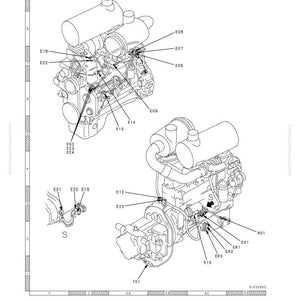 May include: Diagram of a machine engine with labels for testing and adjusting. The image shows two engine diagrams with various components labeled E01 to E25, and T01. The text "CONNECTOR LAYOUT DRAWING" is at the top.