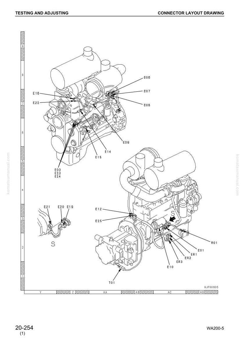 May include: Diagram of a machine engine with labels for testing and adjusting. The image shows two engine diagrams with various components labeled E01 to E25, and T01. The text "CONNECTOR LAYOUT DRAWING" is at the top.