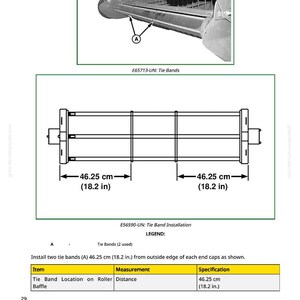 May include: Diagram of tie band installation, with measurements of 46.25 cm (18.2 in). The image includes a detailed view of the tie bands and their placement on a roller, with the text "E65713-UN: Tie Bands" and "E56590-UN: Tie Band Installation".