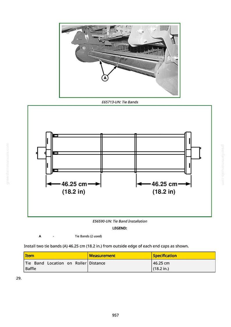 May include: Diagram of tie band installation, with measurements of 46.25 cm (18.2 in). The image includes a detailed view of the tie bands and their placement on a roller, with the text "E65713-UN: Tie Bands" and "E56590-UN: Tie Band Installation".