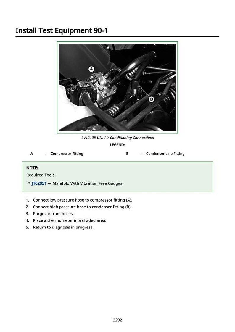May include: Diagram showing air conditioning connections, labelled for compressor and condenser fittings. Includes instructions for connecting hoses and purging air. Text reads "Install Test Equipment 90-1".