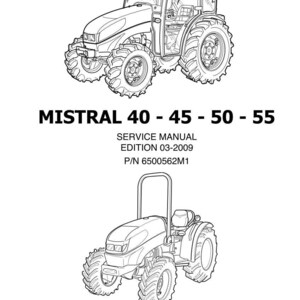 Pu&ograve; includere: Disegni a tratto in bianco e nero di due trattori. Il trattore superiore ha una cabina, mentre quello inferiore &egrave; aperto. Il testo include "MISTRAL 40 - 45 - 50 - 55", "SERVICE MANUAL" e il logo "Landini".