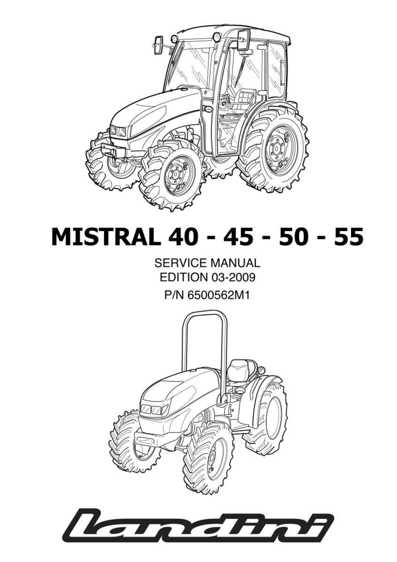 Pu&ograve; includere: Disegni a tratto in bianco e nero di due trattori. Il trattore superiore ha una cabina, mentre quello inferiore &egrave; aperto. Il testo include "MISTRAL 40 - 45 - 50 - 55", "SERVICE MANUAL" e il logo "Landini".