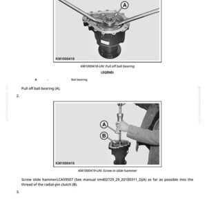 May include: Diagram illustrating the disassembly of a planetary drive. The image shows the use of tools to remove a ball bearing and screw a slide hammer. Text labels identify parts and steps in the process.