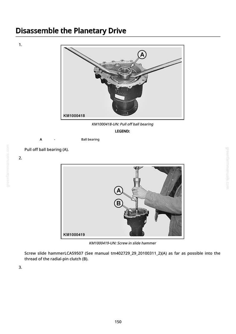 May include: Diagram illustrating the disassembly of a planetary drive. The image shows the use of tools to remove a ball bearing and screw a slide hammer. Text labels identify parts and steps in the process.
