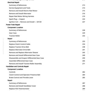 May include: A page from a manual with a list of repair procedures and component locations for various electrical and mechanical systems. The text includes titles like "Electrical Repair" and "Power Train Repair."