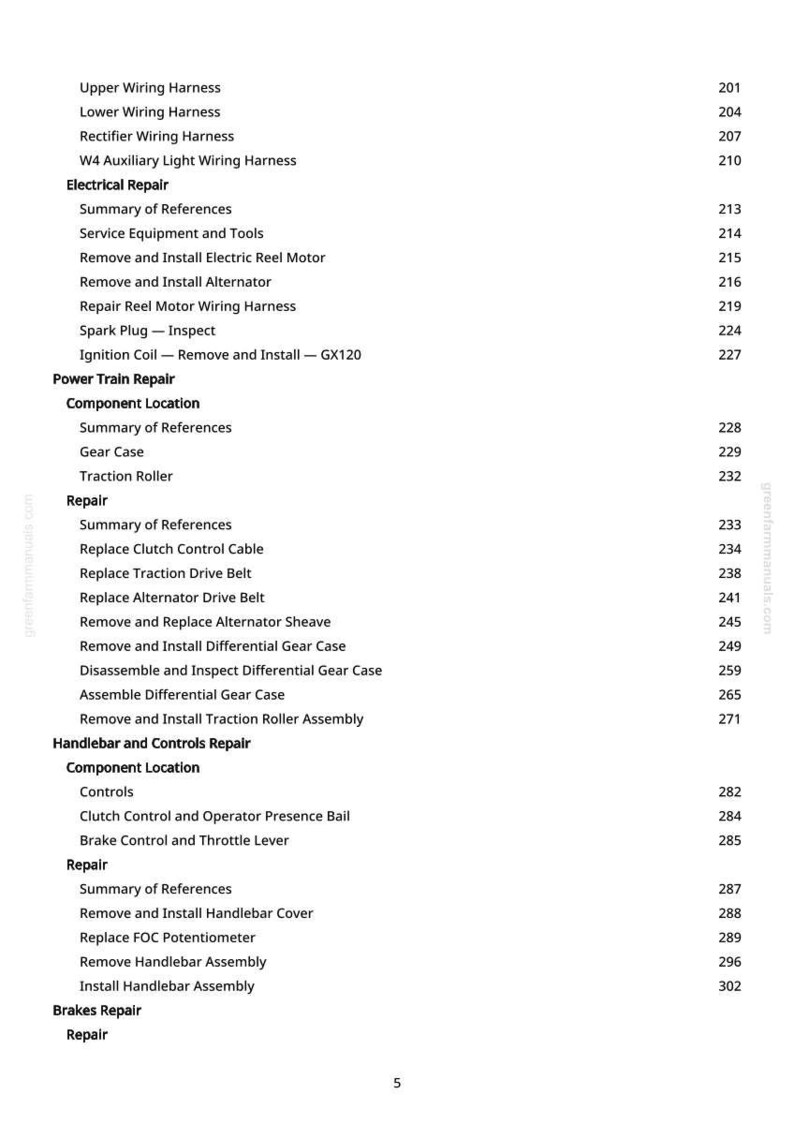 May include: A page from a manual with a list of repair procedures and component locations for various electrical and mechanical systems. The text includes titles like "Electrical Repair" and "Power Train Repair."