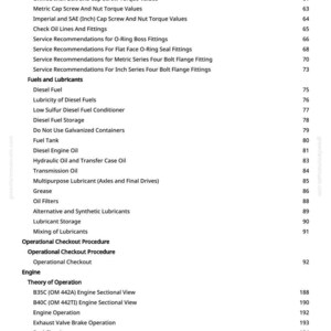 Peut inclure: Une table des mati&egrave;res d&eacute;taill&eacute;e d'un manuel, &eacute;num&eacute;rant des sujets tels que les sp&eacute;cifications de couple du mat&eacute;riel, les carburants, les lubrifiants et le fonctionnement du moteur. Texte noir sur fond blanc.