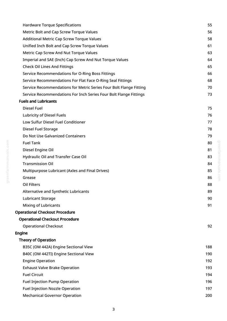 Peut inclure: Une table des mati&egrave;res d&eacute;taill&eacute;e d'un manuel, &eacute;num&eacute;rant des sujets tels que les sp&eacute;cifications de couple du mat&eacute;riel, les carburants, les lubrifiants et le fonctionnement du moteur. Texte noir sur fond blanc.