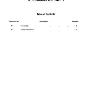May include: A white page from a service manual with the Massey Ferguson logo at the top. The title "Introduction and Safety" is displayed prominently. A table of contents lists topics like "Introduction" and "Safety in workshop".