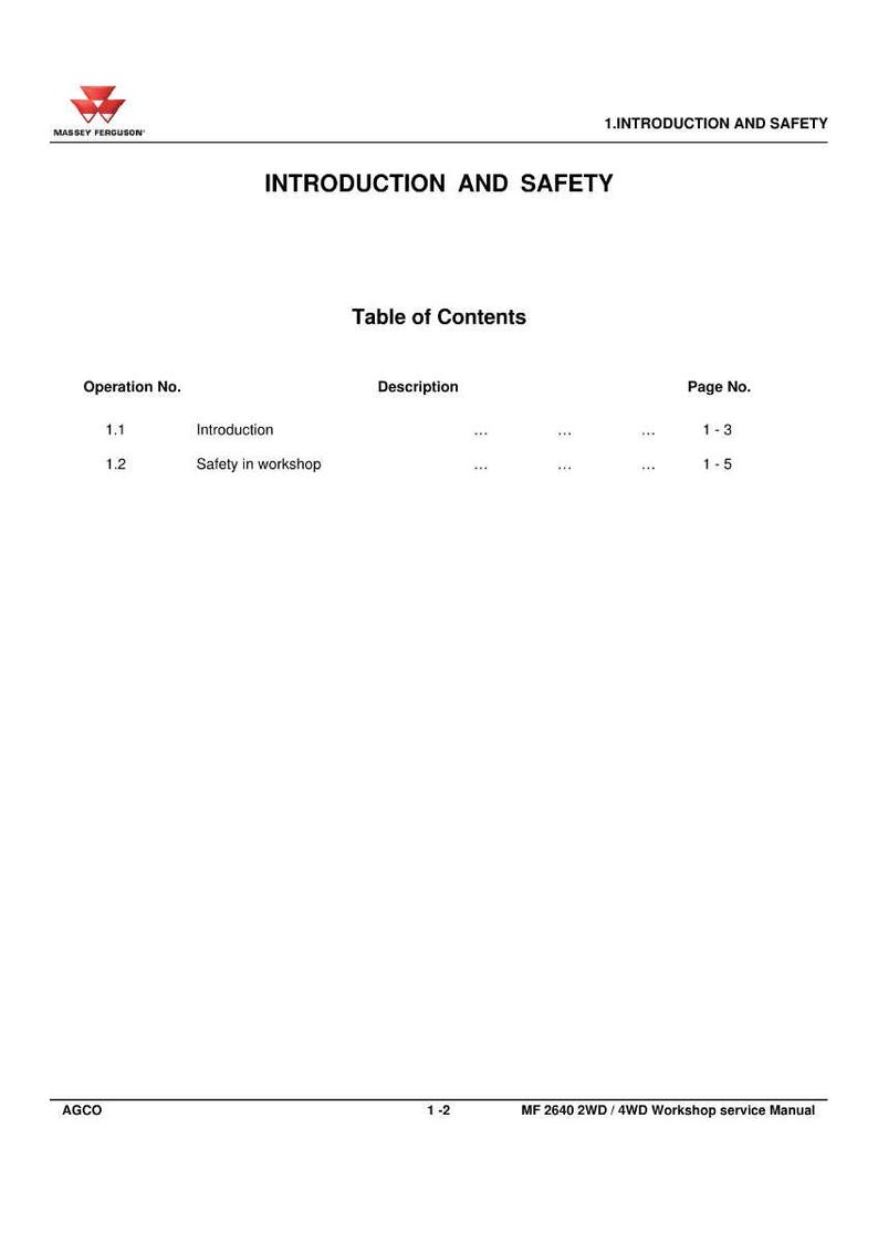 May include: A white page from a service manual with the Massey Ferguson logo at the top. The title "Introduction and Safety" is displayed prominently. A table of contents lists topics like "Introduction" and "Safety in workshop".