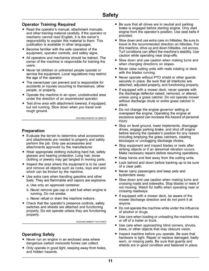 May include: A safety manual with instructions for operating machinery, covering hillsides, cutting units, and engine settings. Highlights the need for safety gear, correct operation, and hazard avoidance. Includes a list of safety precautions.