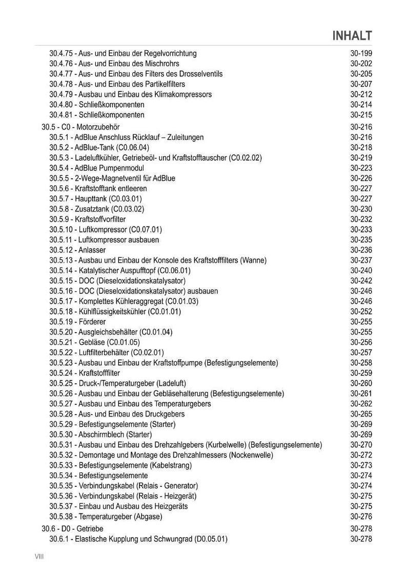 Pu&ograve; includere: Un sommario dettagliato di un manuale tecnico, che elenca vari componenti e procedure automobilistiche. Il testo &egrave; in tedesco, con voci come "AdBlue Tank" e "Filtro carburante", insieme ai numeri di pagina corrispondenti.