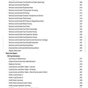 May include: A page from a manual with a list of automotive repair procedures, including "Check Crankshaft Main Bearing Clearance" and "Remove and Install Flywheel." The text is black on a white background, with page numbers on the right. The manual covers electrical repair and wiring harnesses.