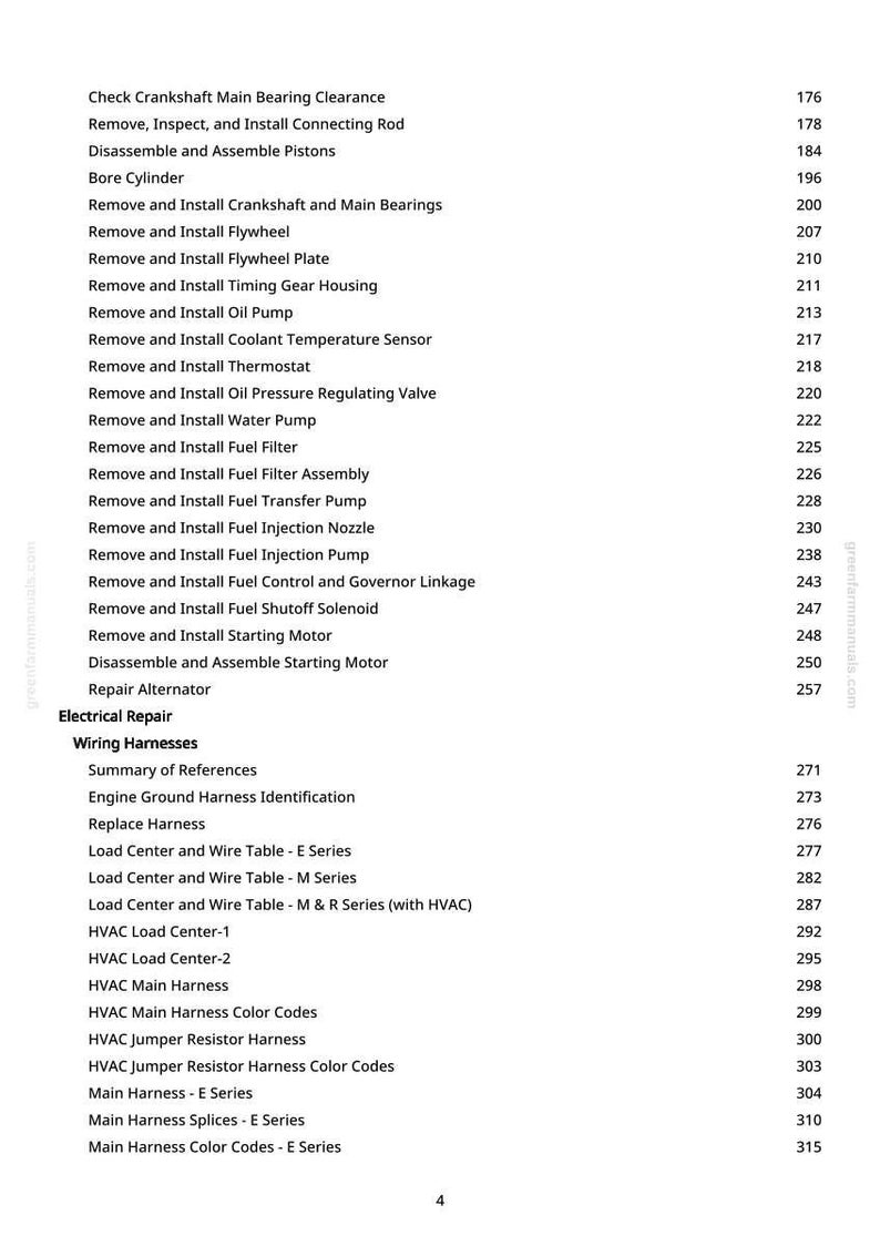 May include: A page from a manual with a list of automotive repair procedures, including "Check Crankshaft Main Bearing Clearance" and "Remove and Install Flywheel." The text is black on a white background, with page numbers on the right. The manual covers electrical repair and wiring harnesses.
