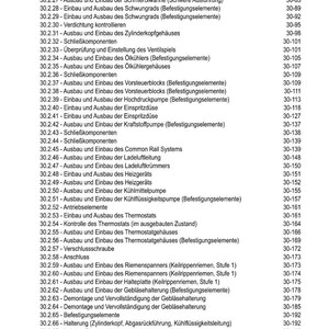 Pode incluir: Uma tabela de conte&uacute;dos em alem&atilde;o, listando v&aacute;rios procedimentos de reparo automotivo e seus n&uacute;meros de p&aacute;gina correspondentes. O documento abrange t&oacute;picos como componentes do motor e sistemas de refrigera&ccedil;&atilde;o.