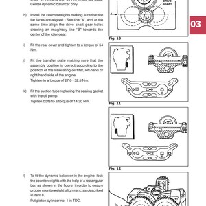 K&ouml;nnte beinhalten: Technische Zeichnung eines 4-Zylinder-Motors mit beschrifteten Bauteilen und Montageanweisungen. Enth&auml;lt Abbildungen von Motorteilen, Drehmomentwerten in Newtonmetern und Ausrichtungshilfen. Text: "4-cylinder engine - MWM International / A4-4.1".