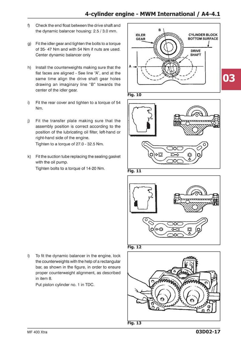 K&ouml;nnte beinhalten: Technische Zeichnung eines 4-Zylinder-Motors mit beschrifteten Bauteilen und Montageanweisungen. Enth&auml;lt Abbildungen von Motorteilen, Drehmomentwerten in Newtonmetern und Ausrichtungshilfen. Text: "4-cylinder engine - MWM International / A4-4.1".