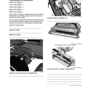 May include: A product identification guide for Fairway Mowers and Rough Mowers. The document includes diagrams and instructions for locating serial numbers on the engine and cutting units. The guide also provides spaces to record the date of purchase, dealer name, and phone number.