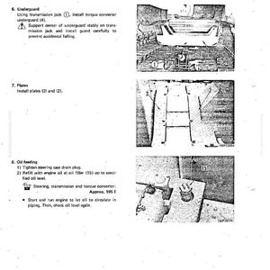 May include: A page from a manual detailing the disassembly and assembly of a torque converter. The image includes diagrams and instructions for installing the underguard, plates, and oil feeding components. Text includes measurements in liters.
