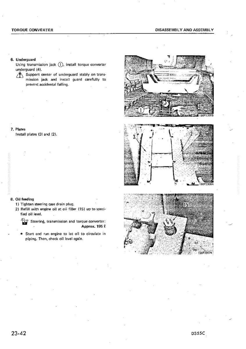 May include: A page from a manual detailing the disassembly and assembly of a torque converter. The image includes diagrams and instructions for installing the underguard, plates, and oil feeding components. Text includes measurements in liters.