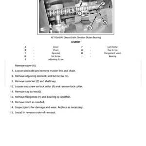May include: Diagram of a clean grain elevator outer bearing, labeled YC1104-UN. The image shows a chain, sprocket, and various screws and collars. A legend identifies the parts. Instructions for removal and installation are also included.