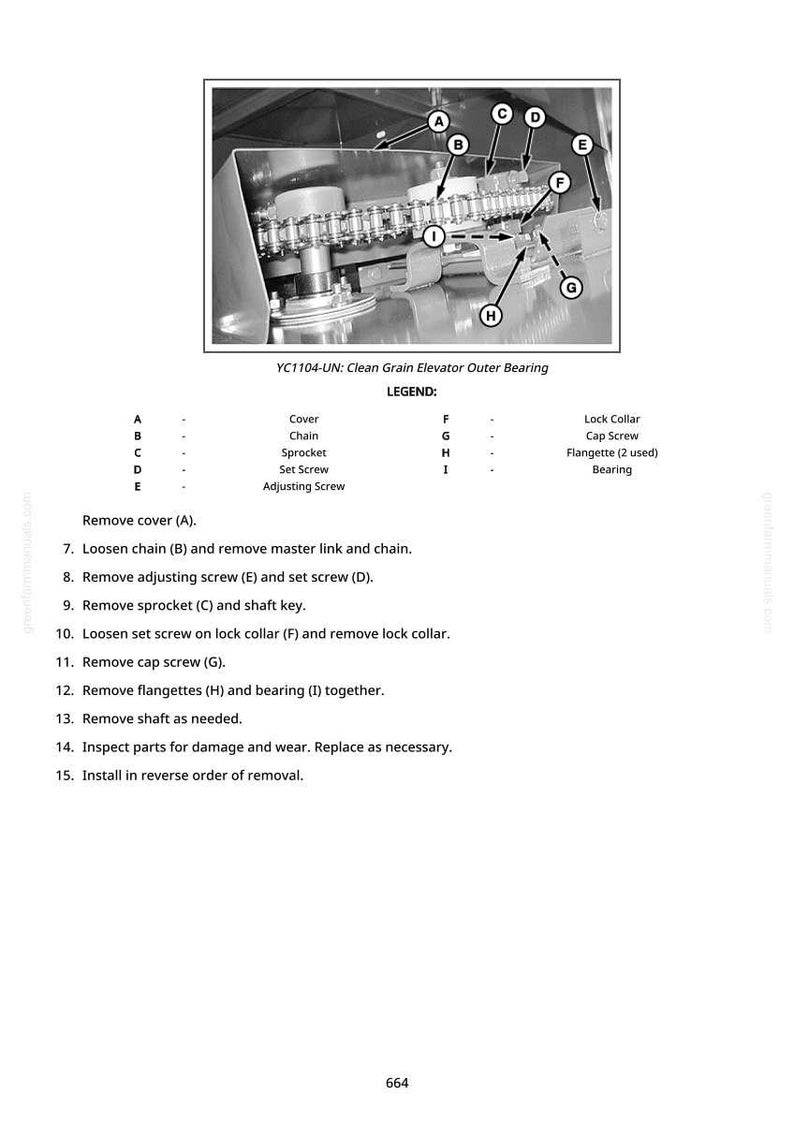 May include: Diagram of a clean grain elevator outer bearing, labeled YC1104-UN. The image shows a chain, sprocket, and various screws and collars. A legend identifies the parts. Instructions for removal and installation are also included.