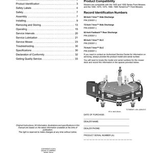 May include: A manual page with the title "Contents" and a diagram of a mower deck. The page includes sections on product identification, safety, assembly, and service. The mower deck is approximately 80 inches wide.