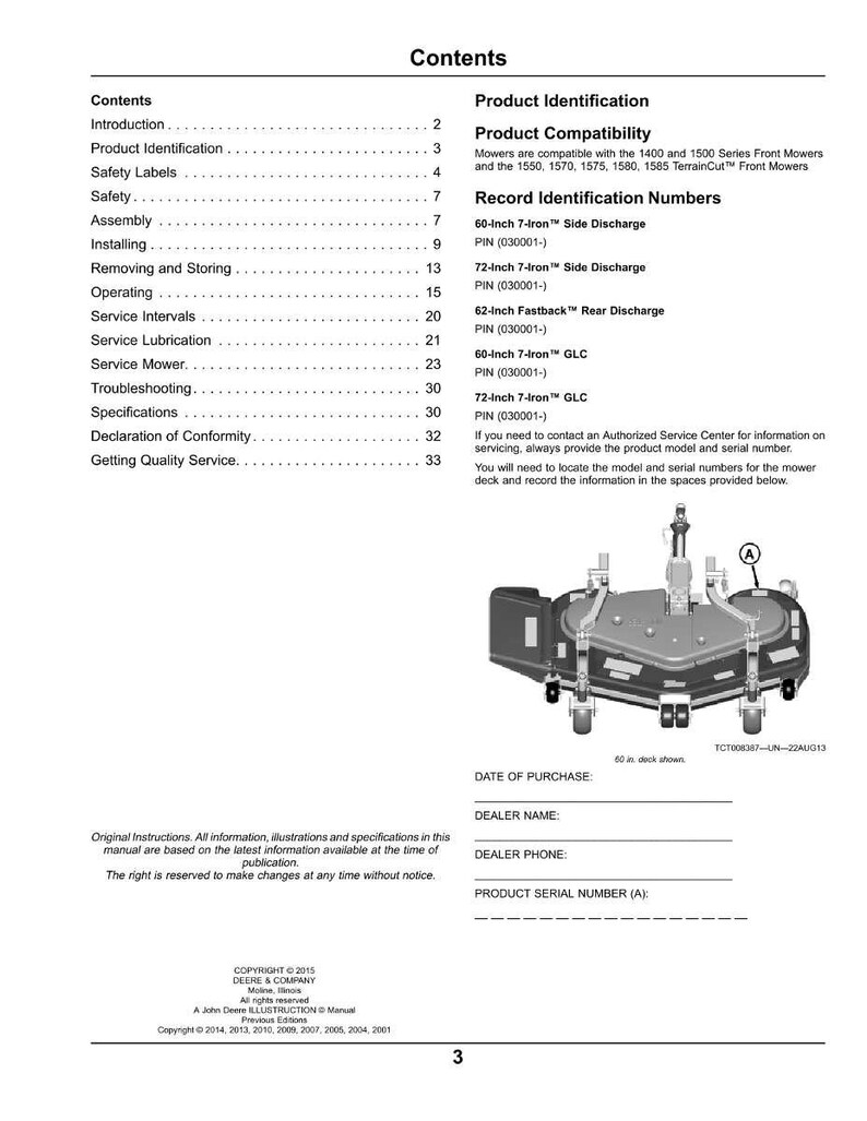 May include: A manual page with the title "Contents" and a diagram of a mower deck. The page includes sections on product identification, safety, assembly, and service. The mower deck is approximately 80 inches wide.