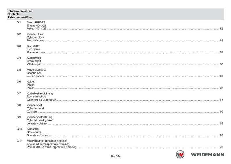 May include: A page from a manual with a table of contents in German, English, and French. The table lists engine components such as cylinder block, crankshaft, and piston. The Weidemann logo is in the bottom right corner.