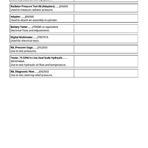 May include: A white document with a list of automotive testing tools, including a pressure gauge, cooling system pump, and digital multimeter. Each tool has a model number and a description of its use.