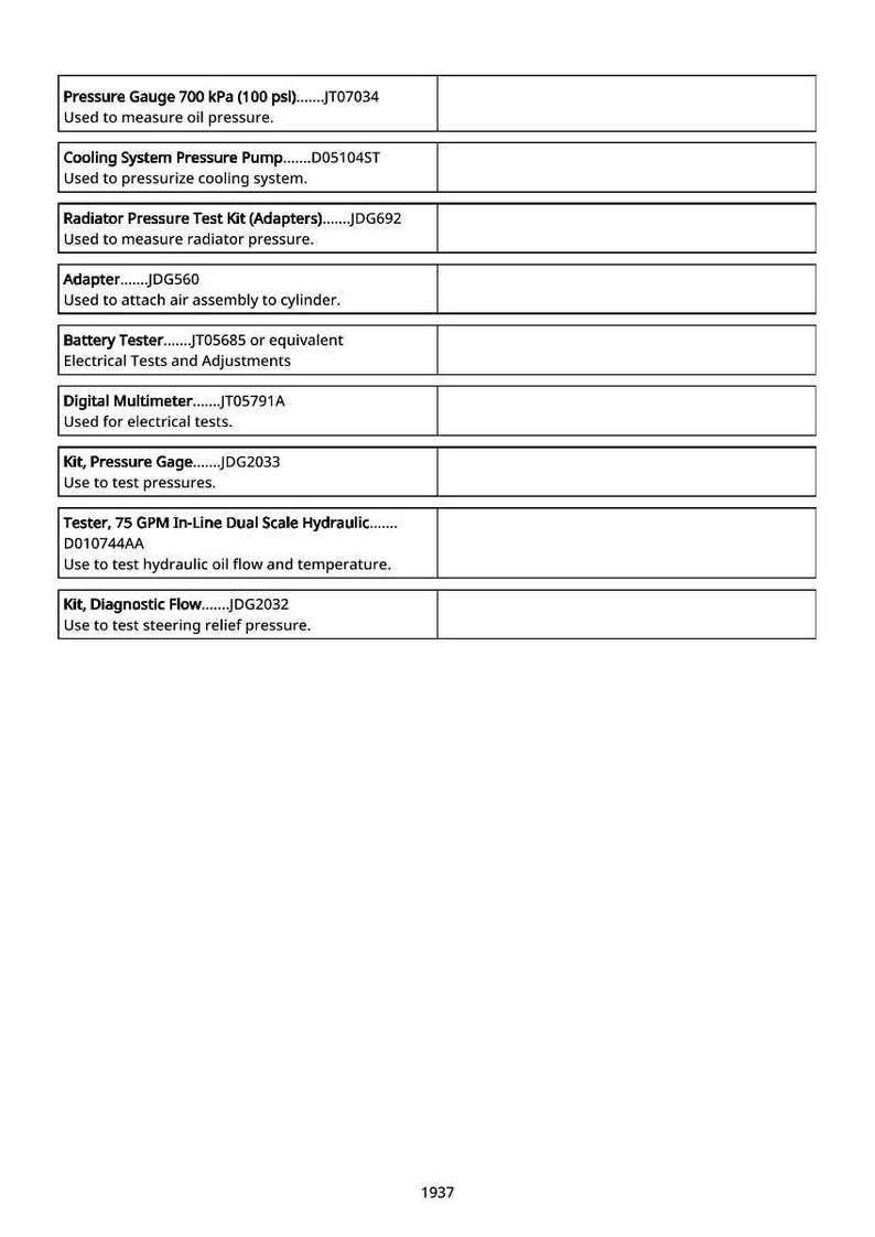 May include: A white document with a list of automotive testing tools, including a pressure gauge, cooling system pump, and digital multimeter. Each tool has a model number and a description of its use.