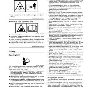 May include: A safety information sheet with diagrams and warnings. It details how to avoid injury from thrown objects and equipment fires. Also covers safe operation, including warnings about bystanders and passengers.
