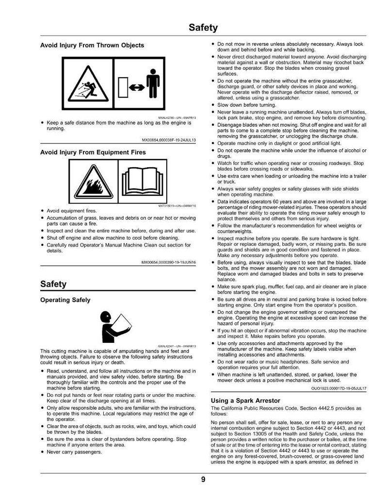 May include: A safety information sheet with diagrams and warnings. It details how to avoid injury from thrown objects and equipment fires. Also covers safe operation, including warnings about bystanders and passengers.