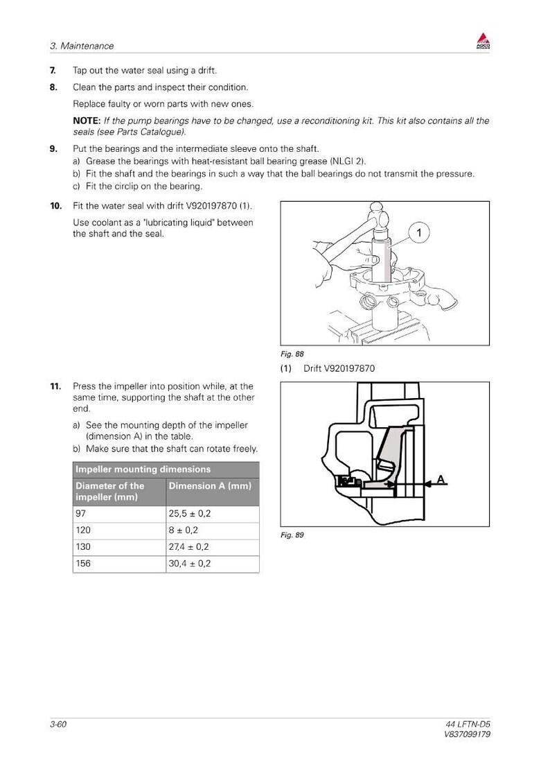 May include: Technical diagram with instructions for pump maintenance. Includes illustrations of tools and components, along with a table detailing impeller mounting dimensions in millimeters. The text provides step-by-step guidance for repair.