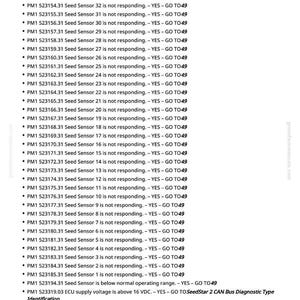 May include: A document with a list of Seed Sensor readings, indicating whether each sensor is responding. The text includes sensor numbers, status, and diagnostic information. The document is from greenfarmmanuals.com.