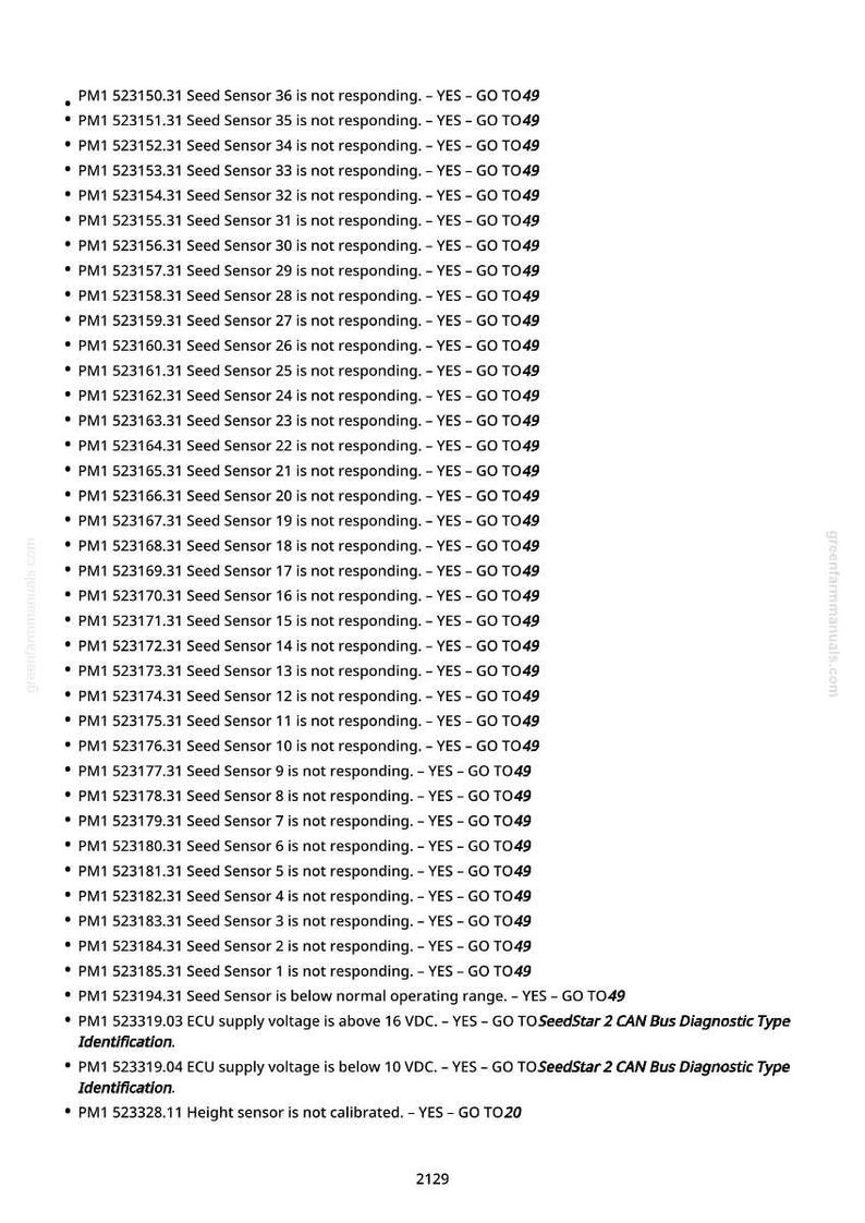 May include: A document with a list of Seed Sensor readings, indicating whether each sensor is responding. The text includes sensor numbers, status, and diagnostic information. The document is from greenfarmmanuals.com.