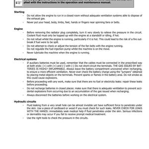 Puede incluir: Una p&aacute;gina de un manual titulada "SECCI&Oacute;N 100 - INFORMACI&Oacute;N GENERAL". El texto proporciona instrucciones de seguridad para el funcionamiento de maquinaria, incluyendo advertencias sobre gases de escape, combustible y sistemas el&eacute;ctricos. La p&aacute;gina incluye un P/N y una fecha de edici&oacute;n.