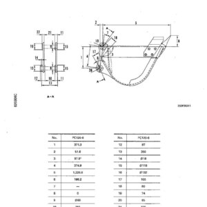 Op de afbeelding: Technische tekening van een bakgedeelte, getiteld "2. BUCKET PORTION". Het diagram bevat metingen en afmetingen in millimeters, met een tabel met specificaties voor het PC120-6 model.