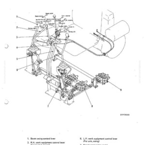 Pode incluir: Diagrama de um sistema de controlo de v&aacute;lvulas, rotulado como "VALVE CONTROL". A imagem mostra alavancas, v&aacute;lvulas e linhas hidr&aacute;ulicas, com etiquetas para cada componente. A ilustra&ccedil;&atilde;o &eacute; t&eacute;cnica.