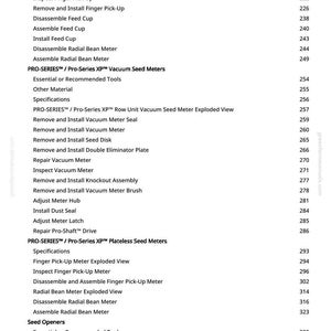 May include: A white page with a detailed table of contents for MaxEmerge Plus and Pro-Series seed meters. The text includes specifications, exploded views, and instructions for various components.